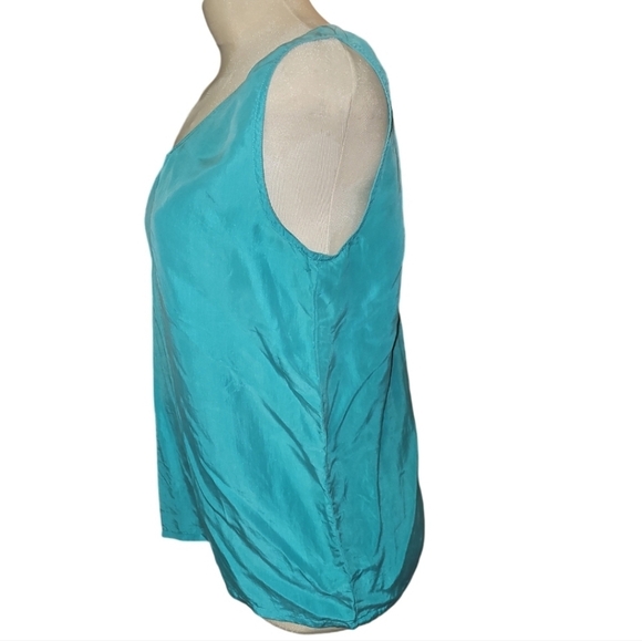StMichael M&S Silk Blouse 70s Teal Turquoise Blue Europe 14 Vintage Top - Picture 2 of 6
